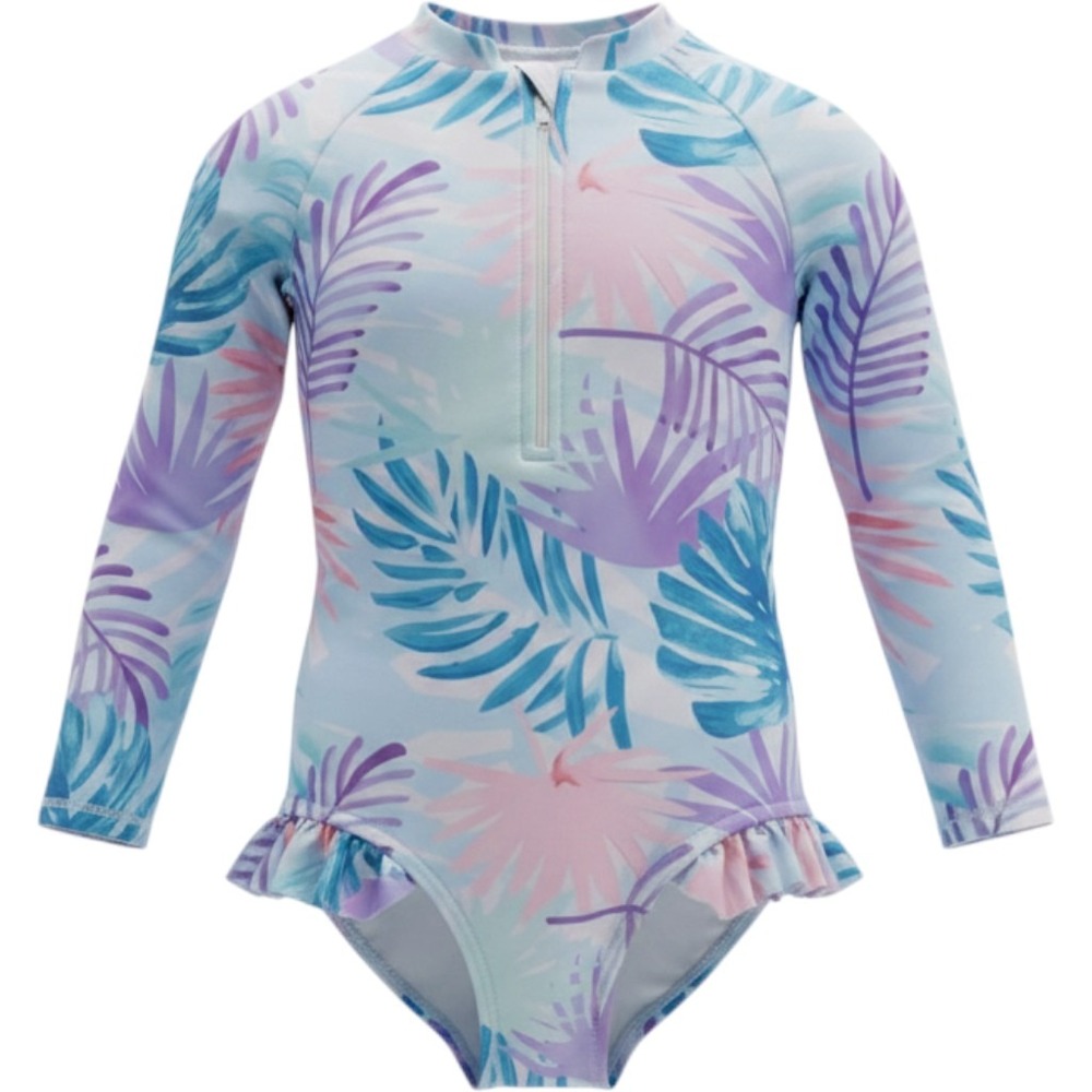 Girls Tropical Palm Long Sleeve Rash Guard Swimsuit Pastel Floral Ruffle 4Y